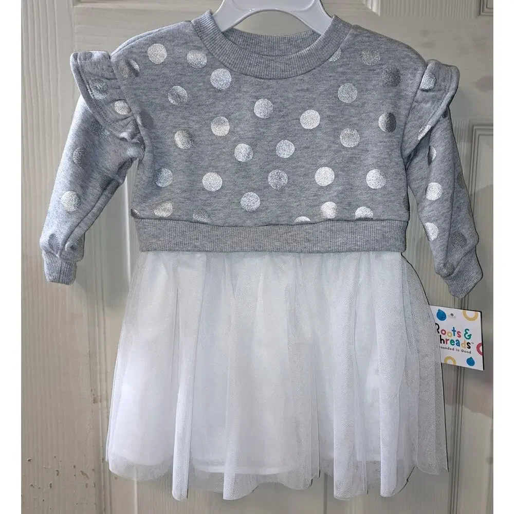 New Roots & Threads Toddler Girls Sweater Dress 12M Gray Silver Polka Dot Tulle